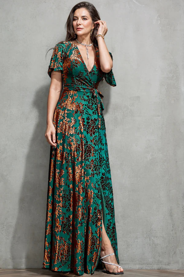 A-Line V Neck Dark Green Burnout Velvet Mother Of The Bride Dress